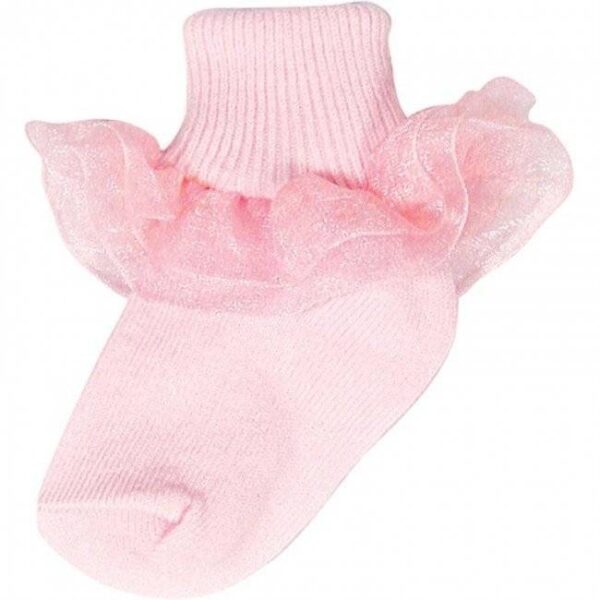 Pink baby sock with frilly lace trim.