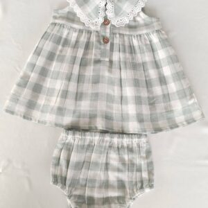 Plaid baby dress and bloomer set with lace collar.