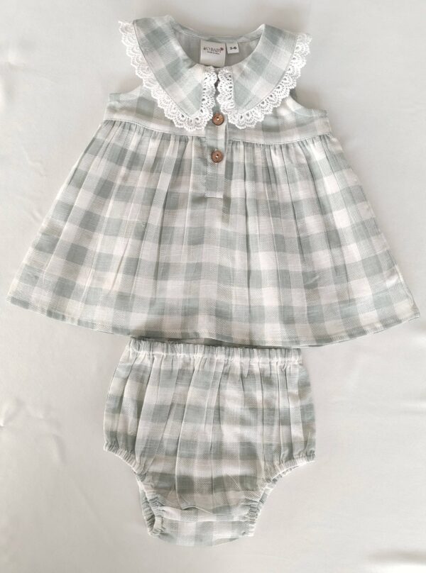 Plaid baby dress and bloomer set with lace collar.