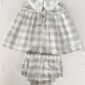 Plaid baby dress and bloomer set with lace collar.