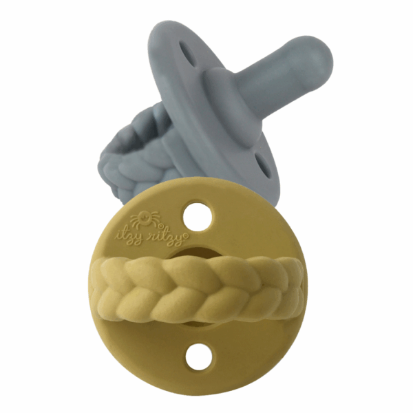 itzy ritzy sweetie soother™ pacifier sets (2 pack): agave + succulent cables Two baby pacifiers, yellow and gray.