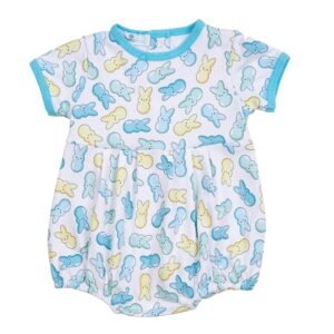 Baby romper with colorful bunny print design.