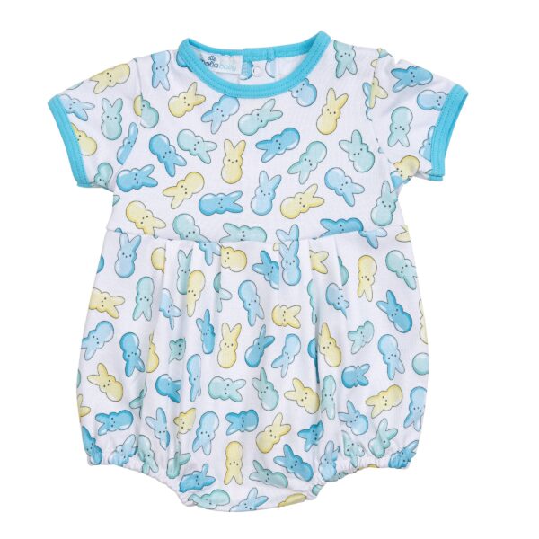Baby romper with colorful bunny print design.