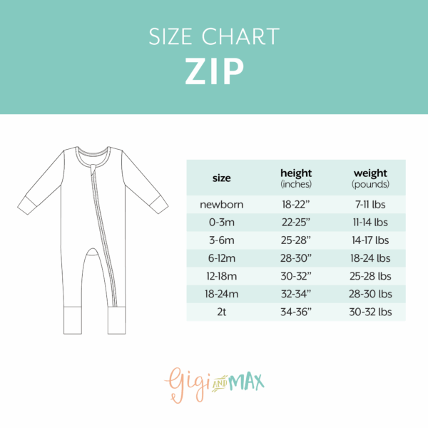 Baby clothing size chart with measurements.