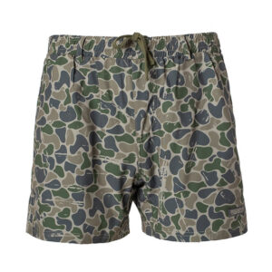 Camo-patterned men's swim shorts with drawstring waist.