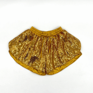 Golden sequin shorts on white background.