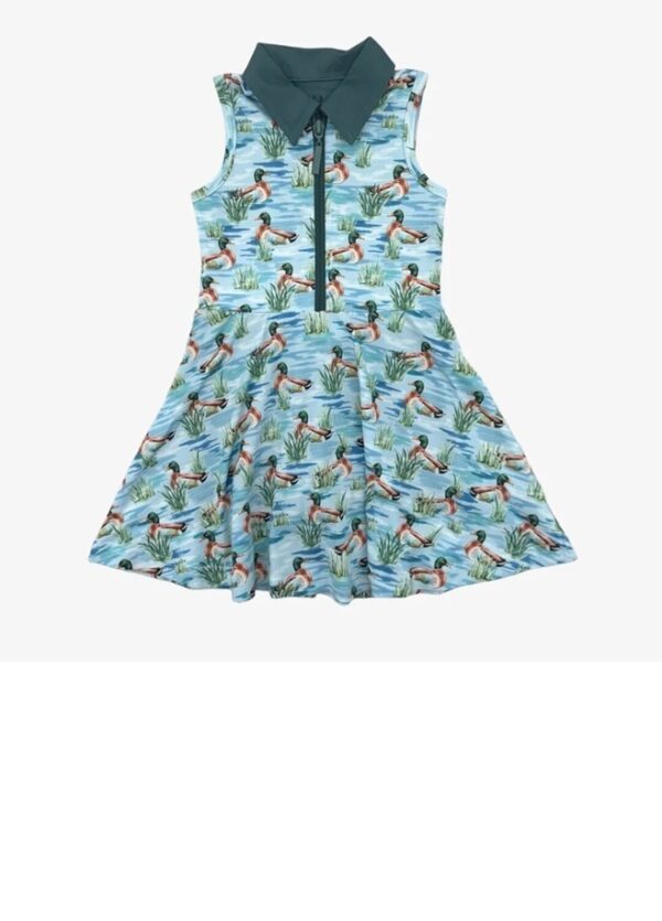 Children's dress with duck pattern and collar.