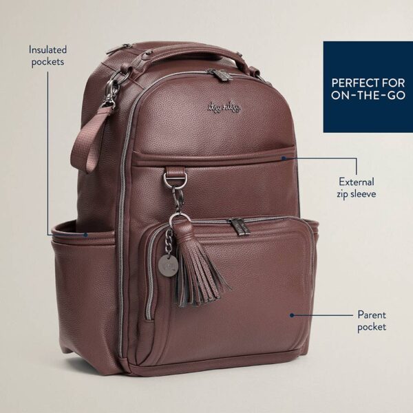 itzy ritzy *new* espresso boss plus™ Brown backpack with insulated and zippered pockets.