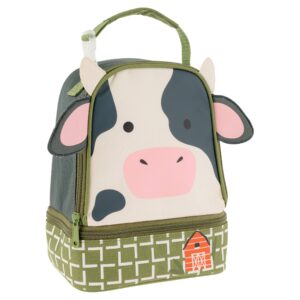 Cow-themed insulated lunch bag with zippers.