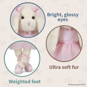 Plush bunny features bright eyes, soft fur, weighted feet.