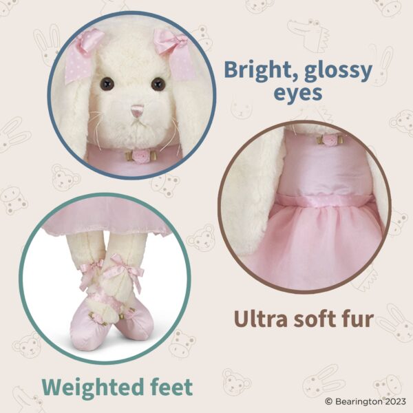 Plush bunny features bright eyes, soft fur, weighted feet.