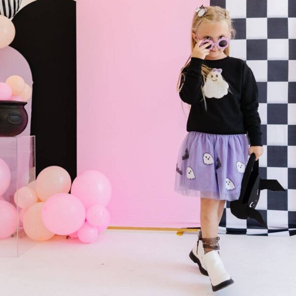 sweet wink ghost and bat sequin halloween tutu Child in ghost-themed outfit with balloons
