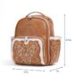 Brown backpack with embroidered design and dimensions shown.