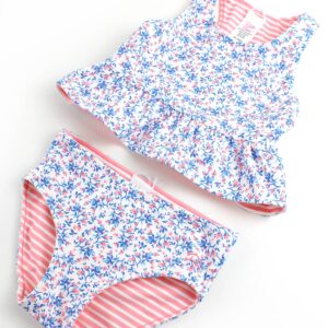 Floral toddler swimsuit set with pink and blue pattern.