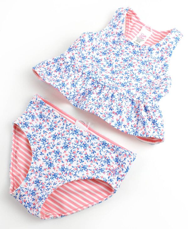 Floral toddler swimsuit set with pink and blue pattern.