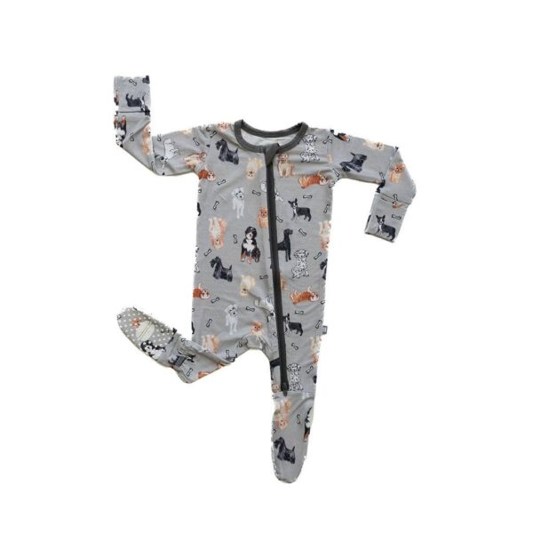 Gray onesie with colorful dog print design