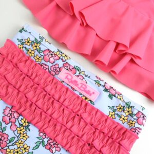 Pink ruffled floral swimsuit for girls.