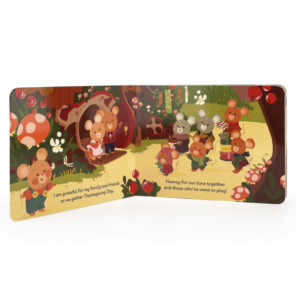 Illustrated mice family gathers for Thanksgiving celebration.