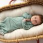 Baby in green swaddle laying in basket
