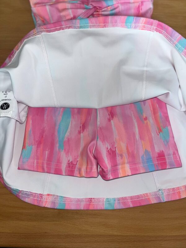 Inside view of colorful swim trunks.