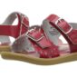 Red toddler sandals with buckles and perforated design.