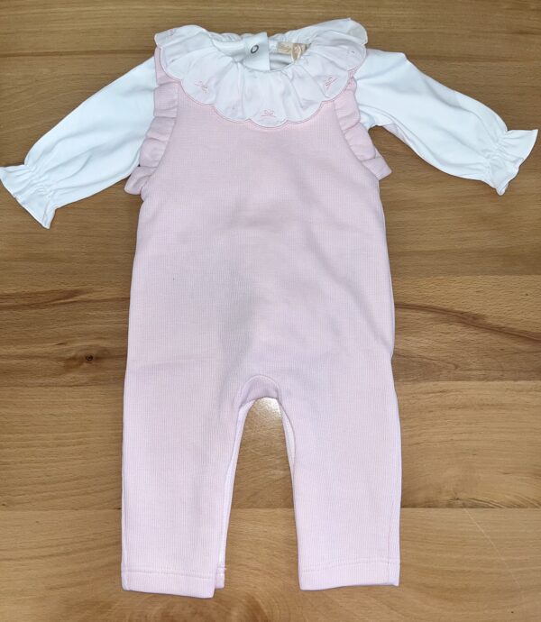 baby chic club english knot emborider jumpsuit with ruffled collar Pink baby romper with white ruffled collar.