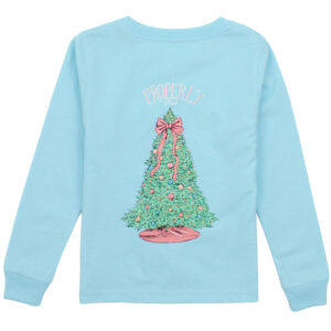 Blue Christmas tree shirt with pink bow design