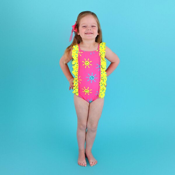 gigi and max brittany smiley face tank one piece swimsuit Child wearing colorful swimsuit with sun design