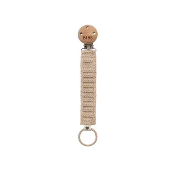 bibs pacifier clip knitted vanilla Beige pacifier clip with wooden clasp.