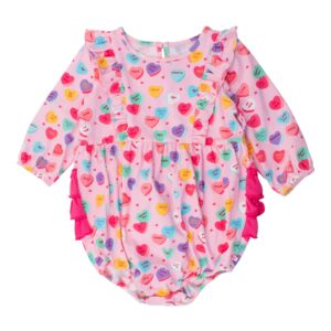 Pink heart-patterned baby romper with long sleeves.