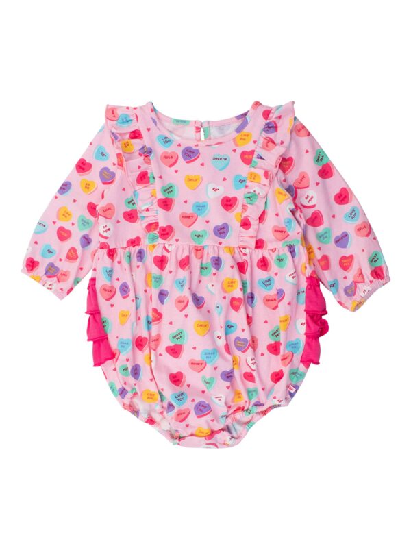 Pink heart-patterned baby romper with long sleeves.