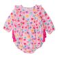 Pink heart-patterned baby romper with long sleeves.