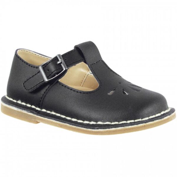 Black leather children's shoe with buckle strap.