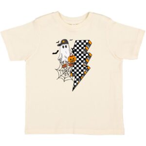 Halloween shirt with ghost, spider web, and pumpkin design