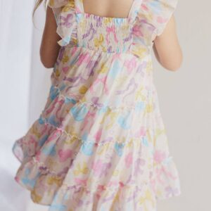 Child wearing colorful floral dress, back view.