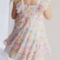Child wearing colorful floral dress, back view.