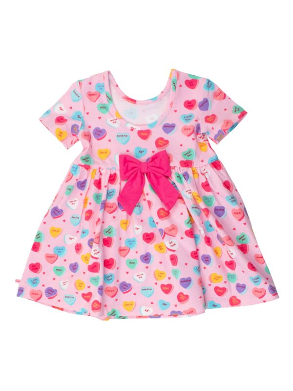 rufflebutts + ruggedbutts girls be my valentine short sleeve knit twirl dress Pink dress with heart patterns and bow