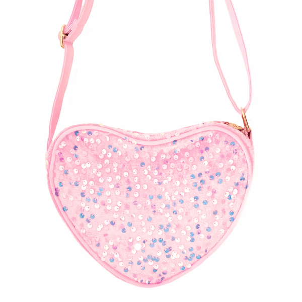 Pink heart-shaped sequin purse with strap