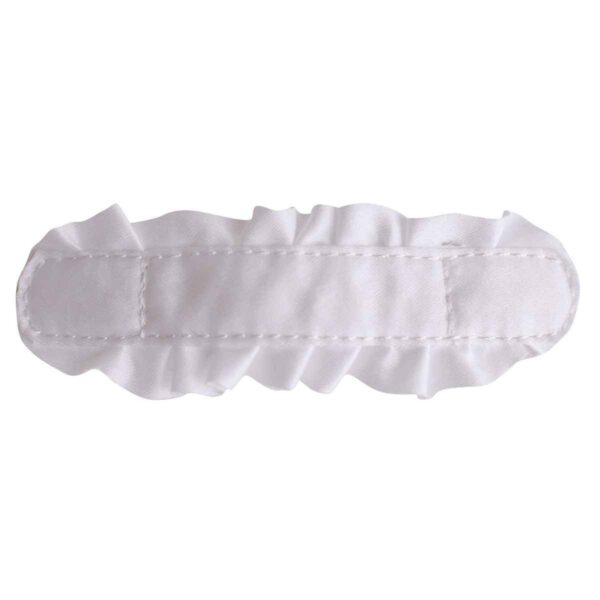 White satin sleep mask with ruffled edges.