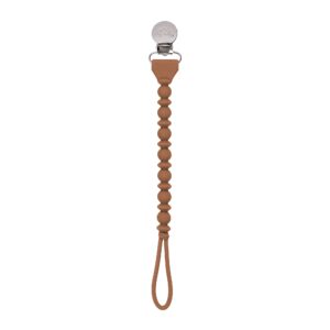 Brown silicone pacifier clip with beads.