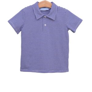 Blue and white striped polo shirt on hanger