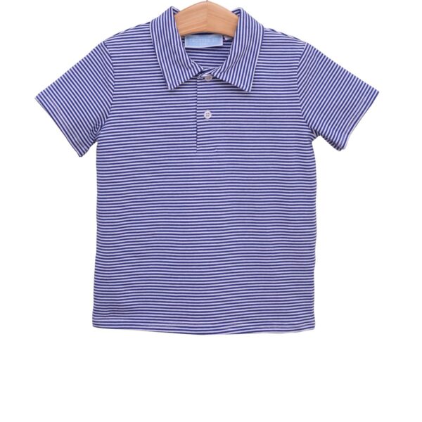 Blue and white striped polo shirt on hanger