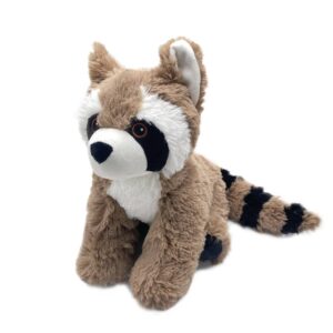 Brown plush raccoon toy with white face mask.