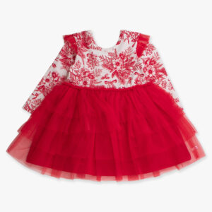 Red floral dress with tulle skirt for girls.