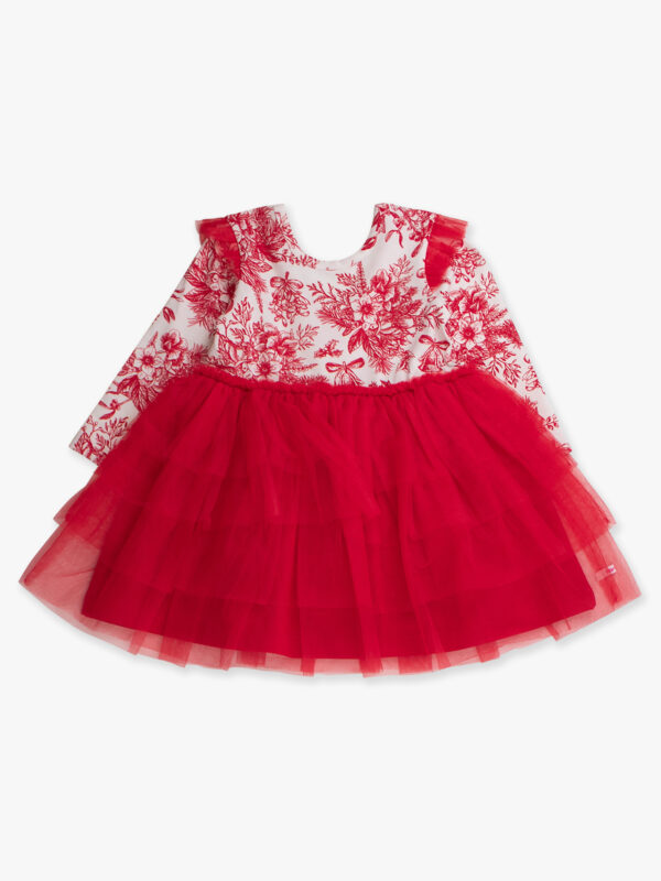 Red floral dress with tulle skirt for girls.