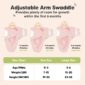 Adjustable swaddle with size chart for infants.