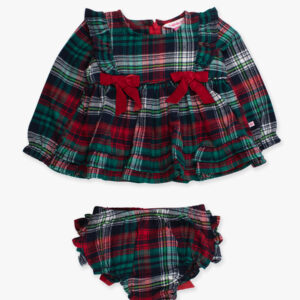 Plaid baby dress and bloomers with red bows.