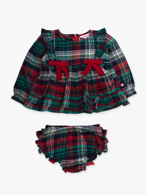 Plaid baby dress and bloomers with red bows.