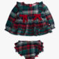 Plaid baby dress and bloomers with red bows.