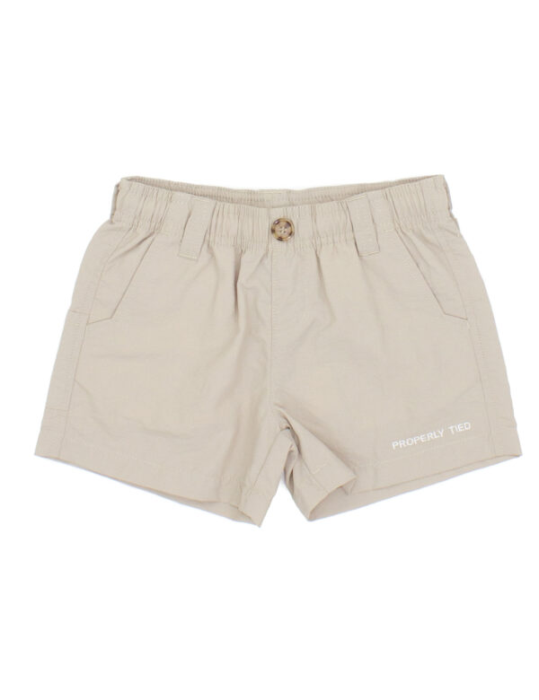 properly tied mallard shorts khaki Tan kids' shorts with button and pockets